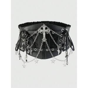 Black Goth Gothic Angel Punk Corset Waist Cincher Style Chain Lace Up Belt S
